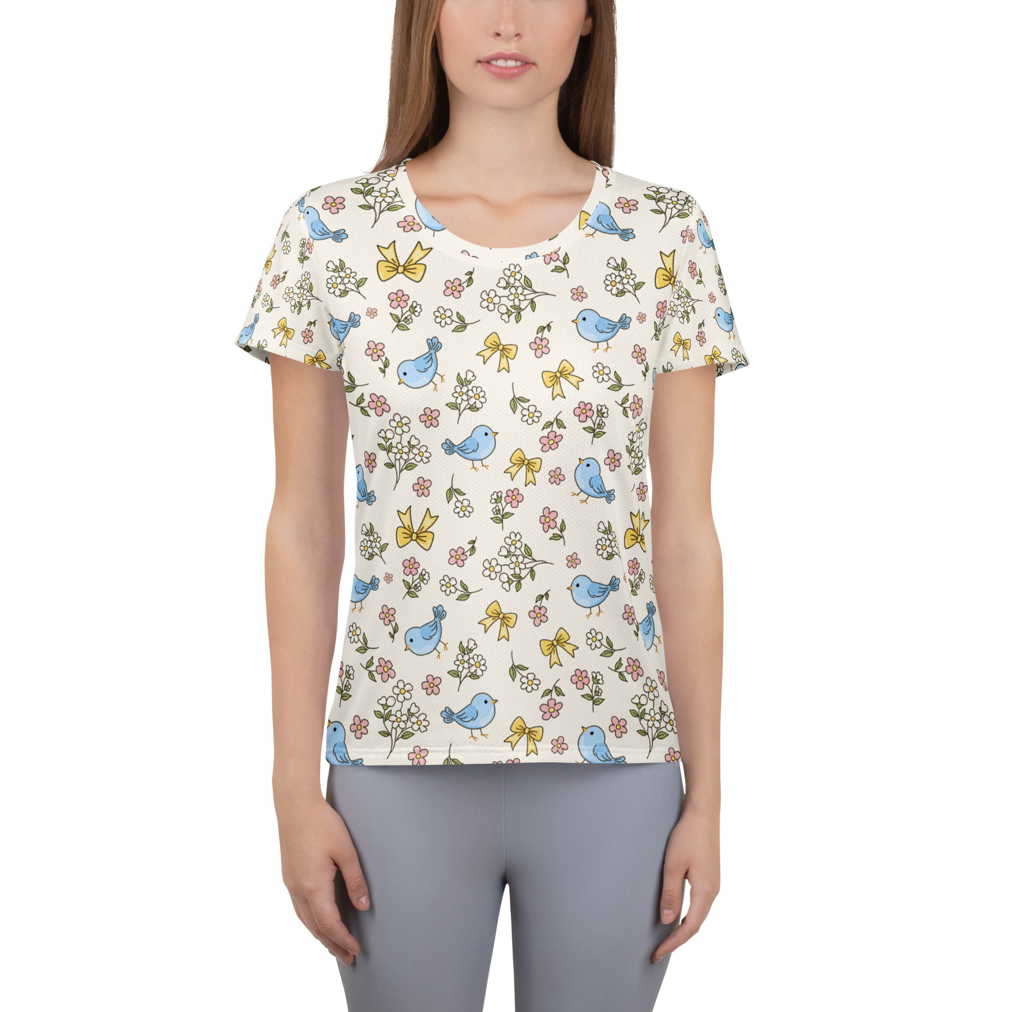 Women’s Blue Bird & Wildflower Athletic T-Shirt - Lightweight Moisture Wicking Workout Top With UPF 50+