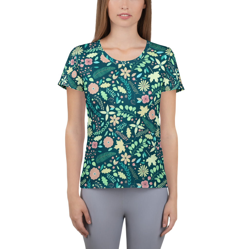 Women’s Teal Floral Athletic T-Shirt - Lightweight Moisture Wicking Workout Top With UPF 50+