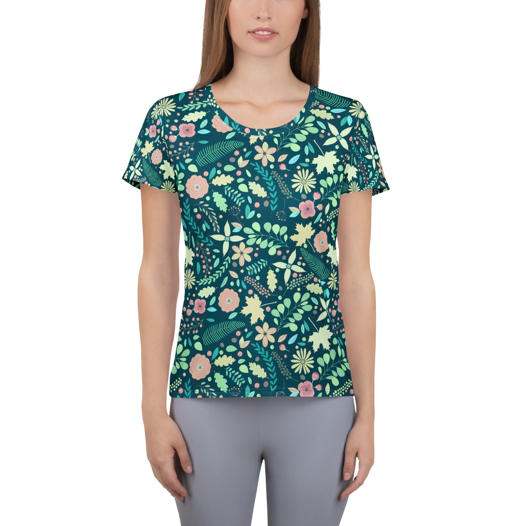 Women’s Teal Floral Athletic T-Shirt - Lightweight Moisture Wicking Workout Top With UPF 50+