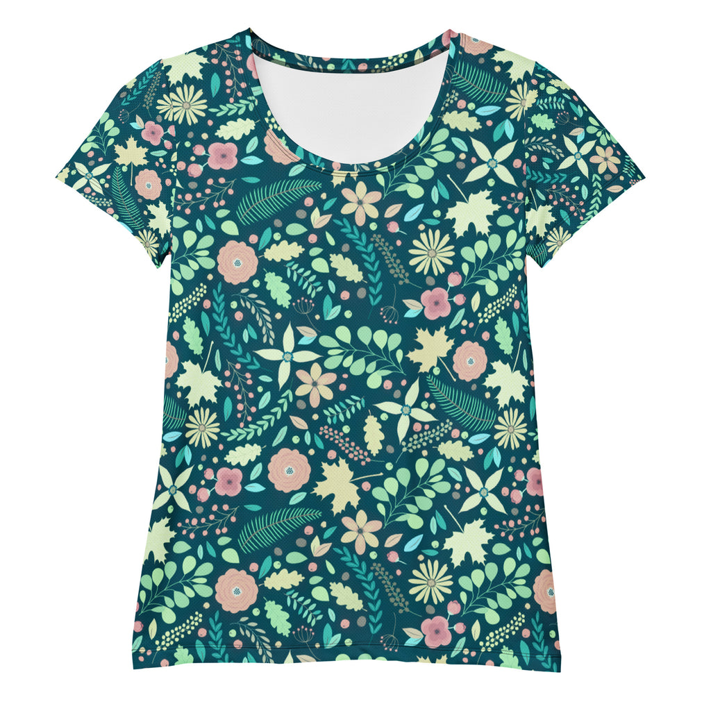 Women’s Teal Floral Athletic T-Shirt - Lightweight Moisture Wicking Workout Top With UPF 50+