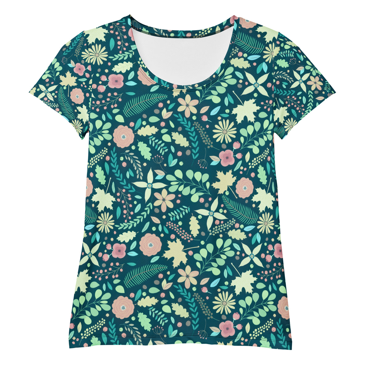 Women’s Teal Floral Athletic T-Shirt - Lightweight Moisture Wicking Workout Top With UPF 50+