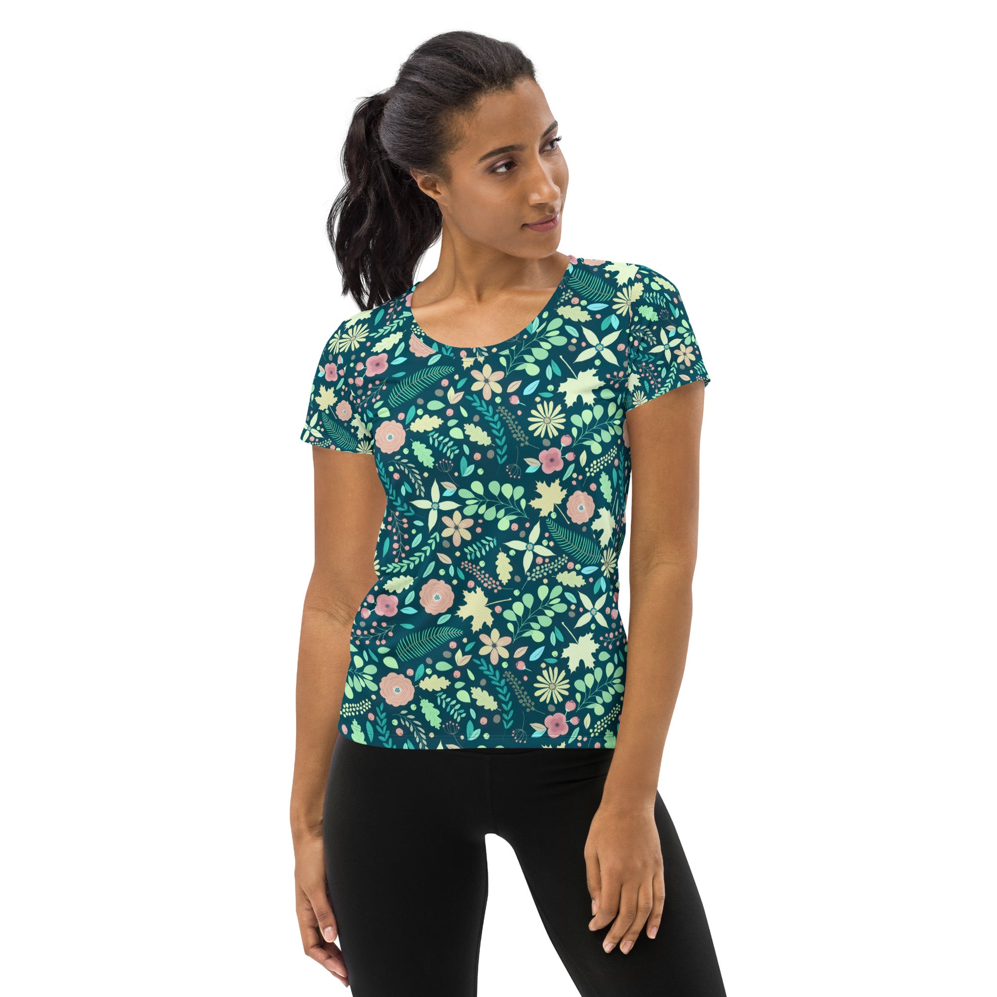 Women’s Teal Floral Athletic T-Shirt - Lightweight Moisture Wicking Workout Top With UPF 50+