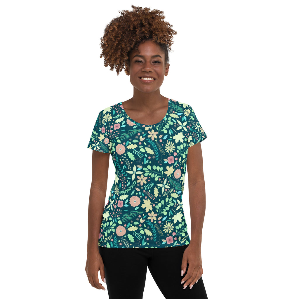 Women’s Teal Floral Athletic T-Shirt - Lightweight Moisture Wicking Workout Top With UPF 50+