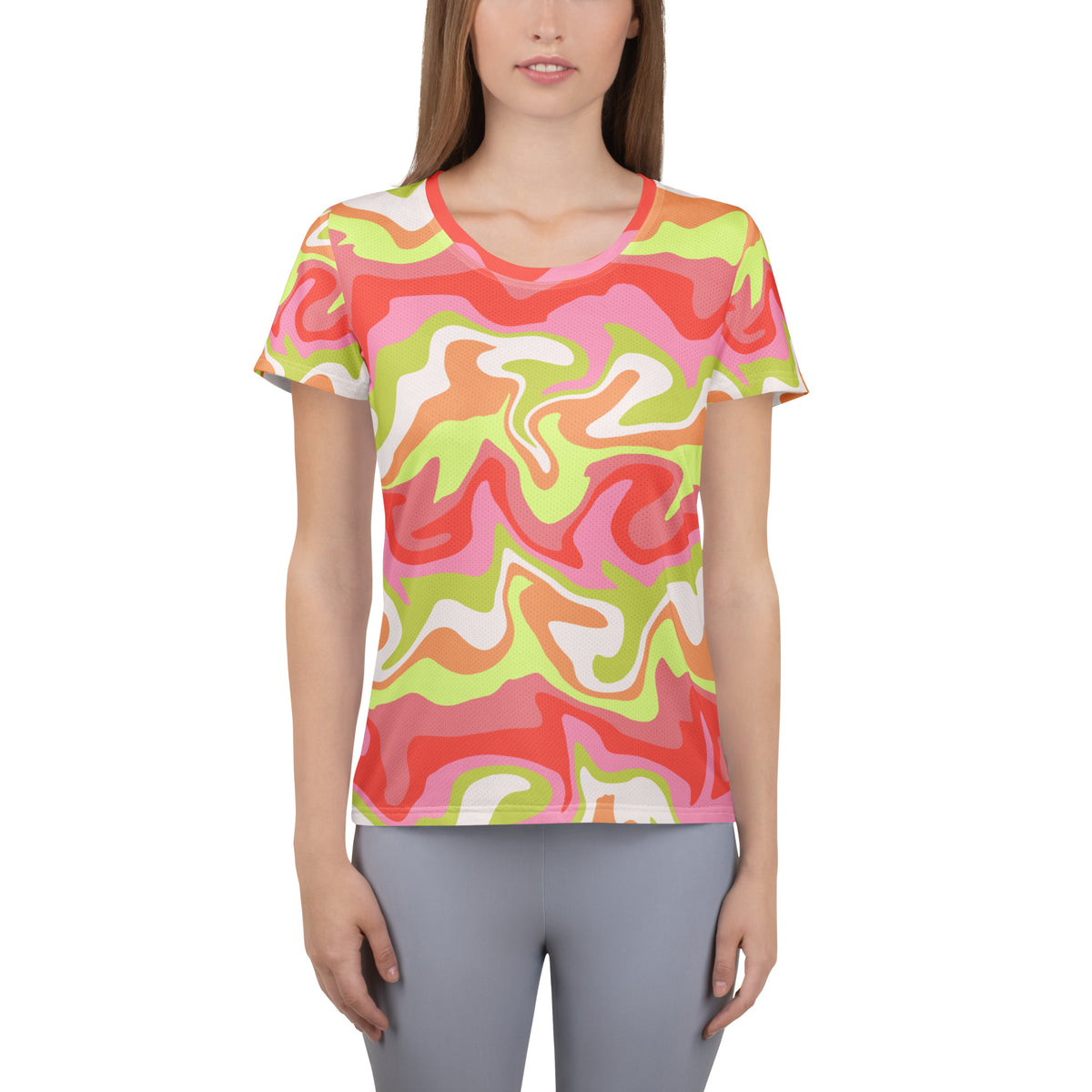 Women’s Pink & Lime Swirl Athletic T-Shirt - Lightweight Moisture Wicking Workout Top With UPF 50+