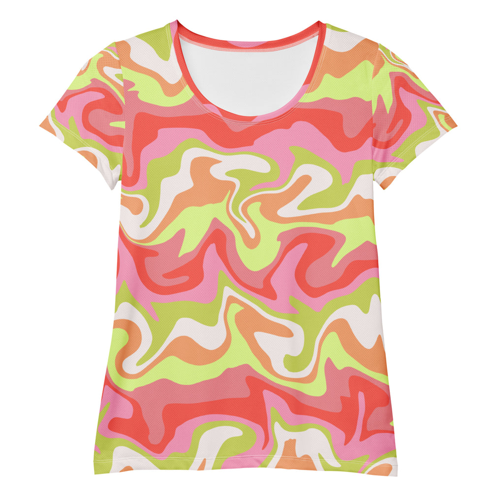 Women’s Pink & Lime Swirl Athletic T-Shirt - Lightweight Moisture Wicking Workout Top With UPF 50+