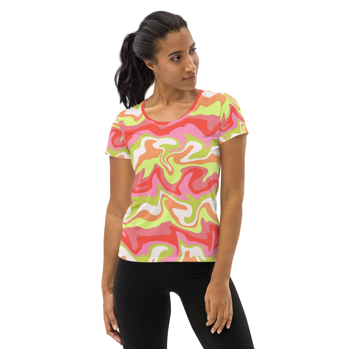 Women’s Pink & Lime Swirl Athletic T-Shirt - Lightweight Moisture Wicking Workout Top With UPF 50+