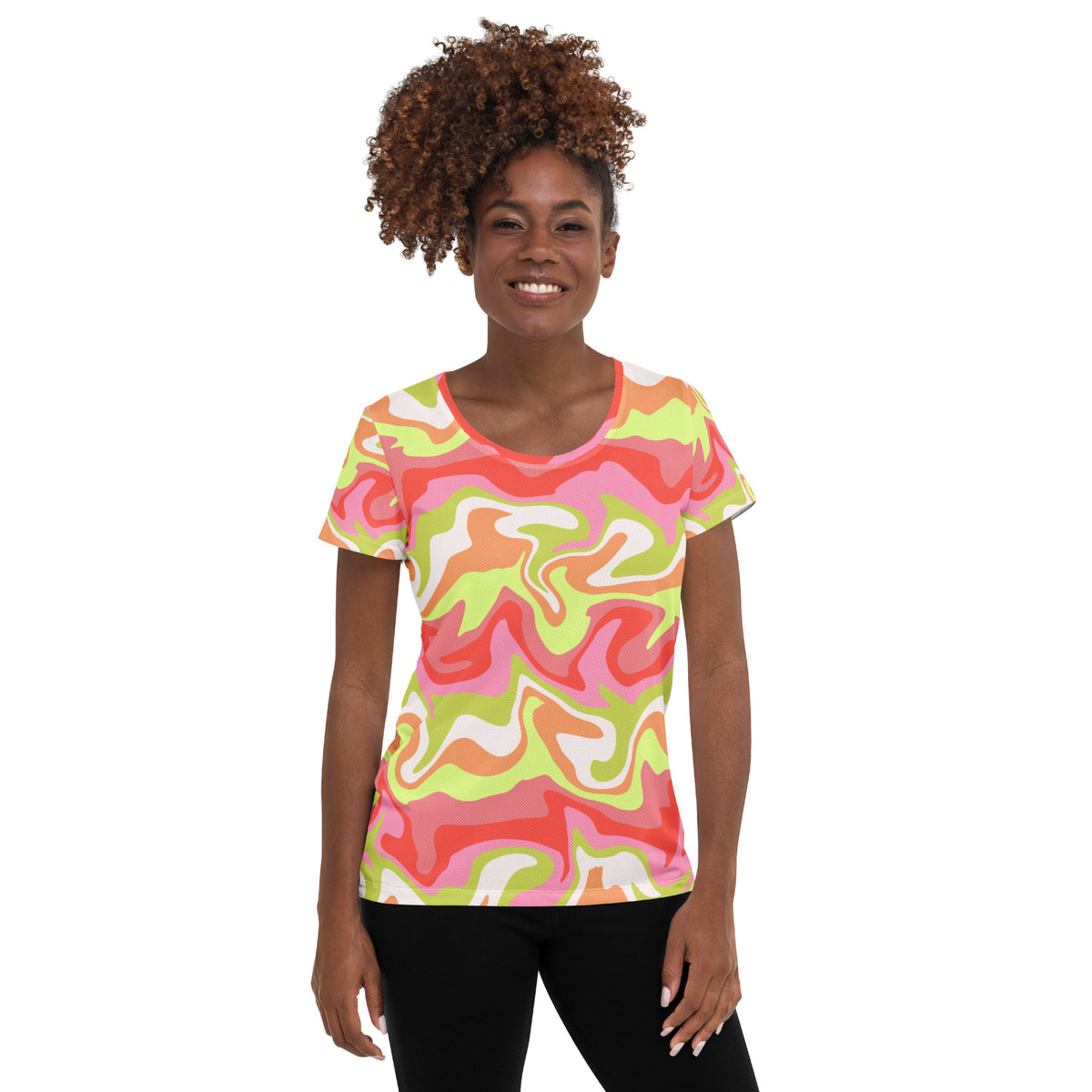 Women’s Pink & Lime Swirl Athletic T-Shirt - Lightweight Moisture Wicking Workout Top With UPF 50+