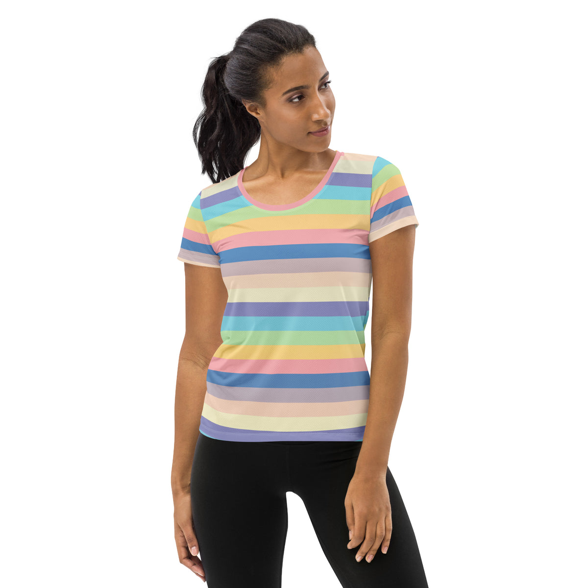 Women’s Colorful Stripe Athletic T-Shirt - Lightweight Moisture Wicking Workout Top With UPF 50+