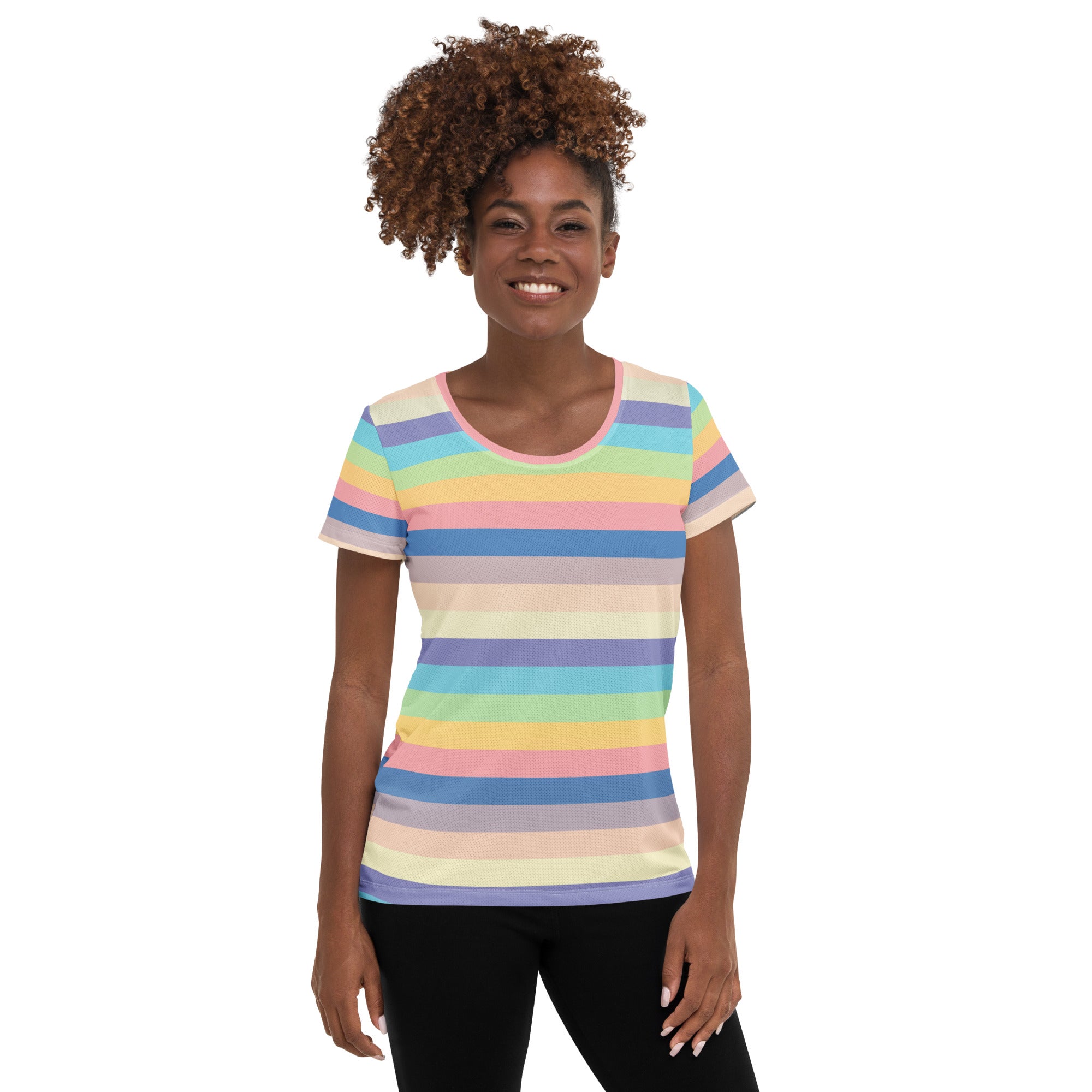 Women’s Colorful Stripe Athletic T-Shirt - Lightweight Moisture Wicking Workout Top With UPF 50+