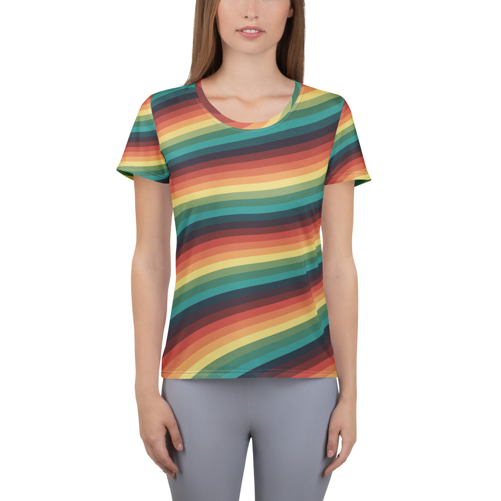Women’s Retro Rainbow Stripe Athletic T-Shirt - Lightweight Moisture Wicking Workout Top With UPF 50+
