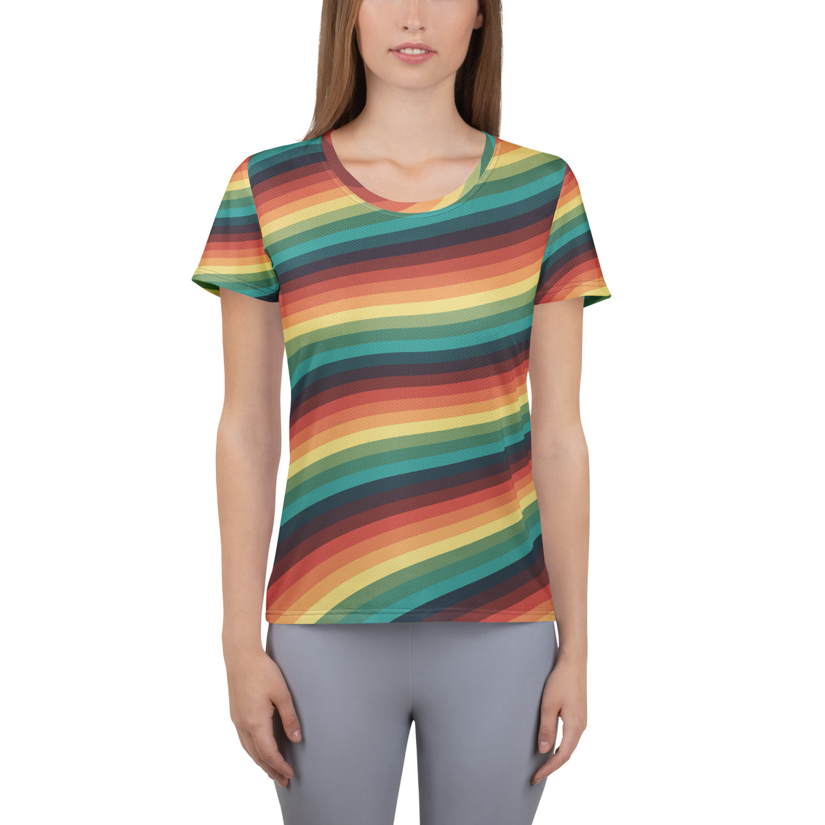 Women’s Retro Rainbow Stripe Athletic T-Shirt - Lightweight Moisture Wicking Workout Top With UPF 50+