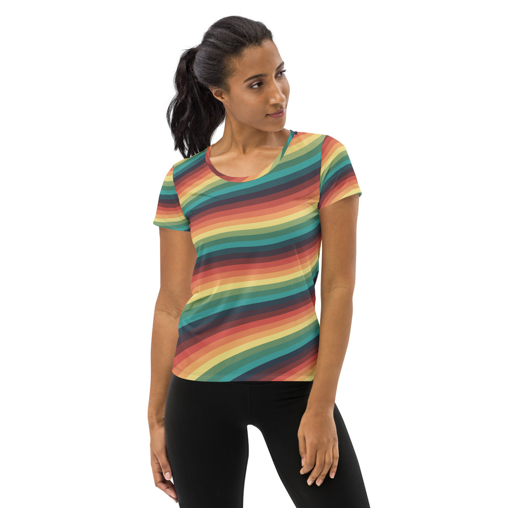 Women’s Retro Rainbow Stripe Athletic T-Shirt - Lightweight Moisture Wicking Workout Top With UPF 50+
