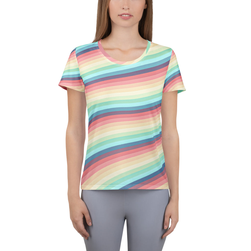 Women’s Pastel Rainbow Wave Athletic T-Shirt - Lightweight Moisture Wicking Workout Top With UPF 50+