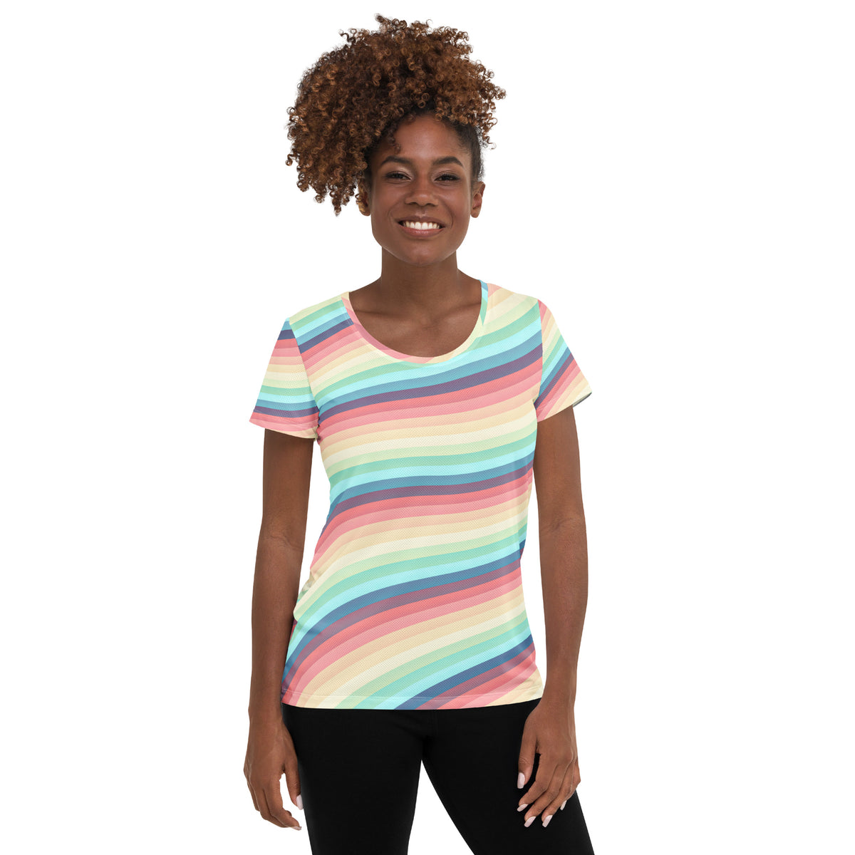 Women’s Pastel Rainbow Wave Athletic T-Shirt - Lightweight Moisture Wicking Workout Top With UPF 50+