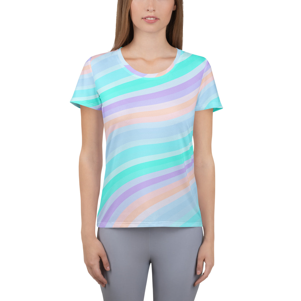 Women’s Pastel Aqua Rainbow Stripe Athletic T-Shirt - Lightweight Moisture Wicking Workout Top With UPF 50+