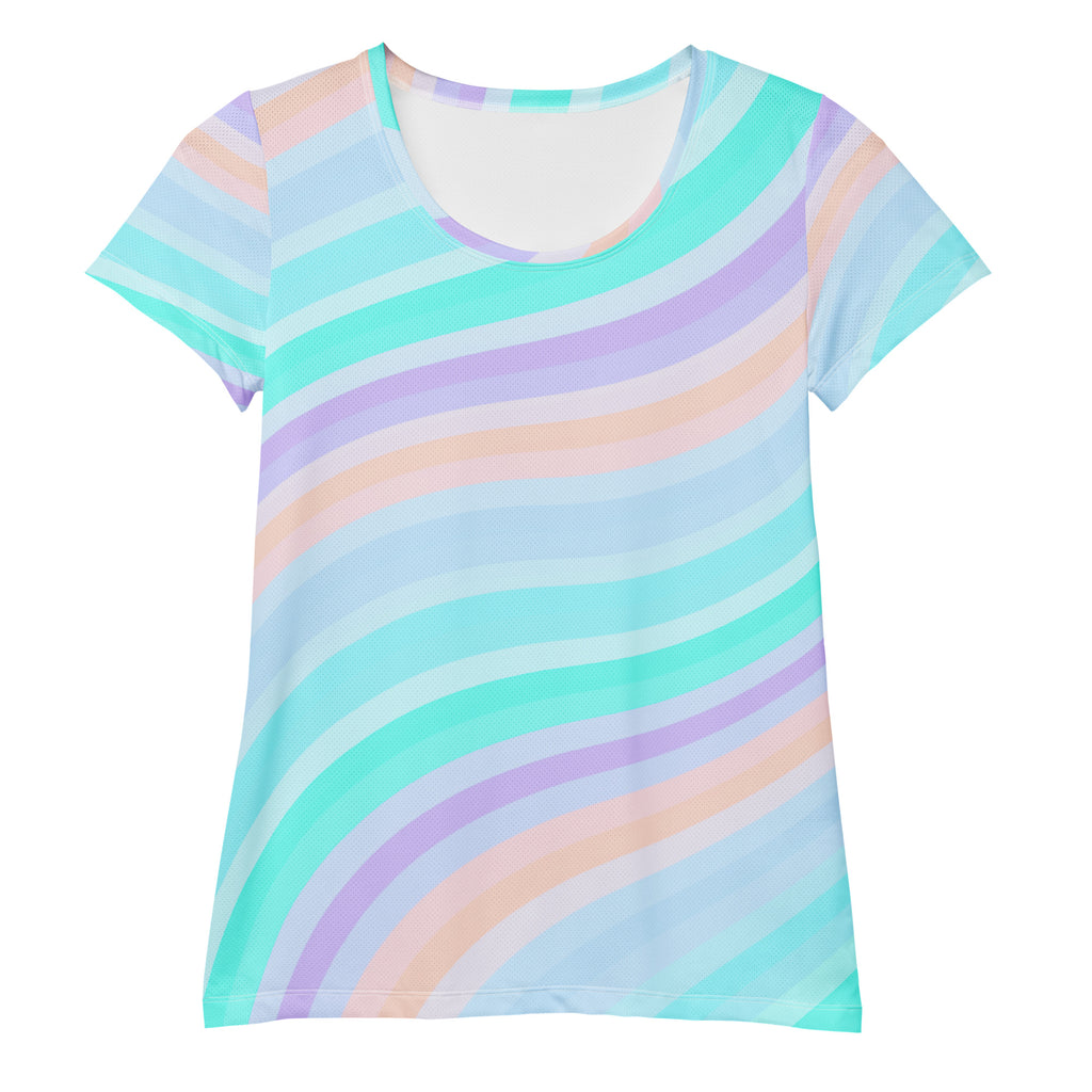 Women’s Pastel Aqua Rainbow Stripe Athletic T-Shirt - Lightweight Moisture Wicking Workout Top With UPF 50+