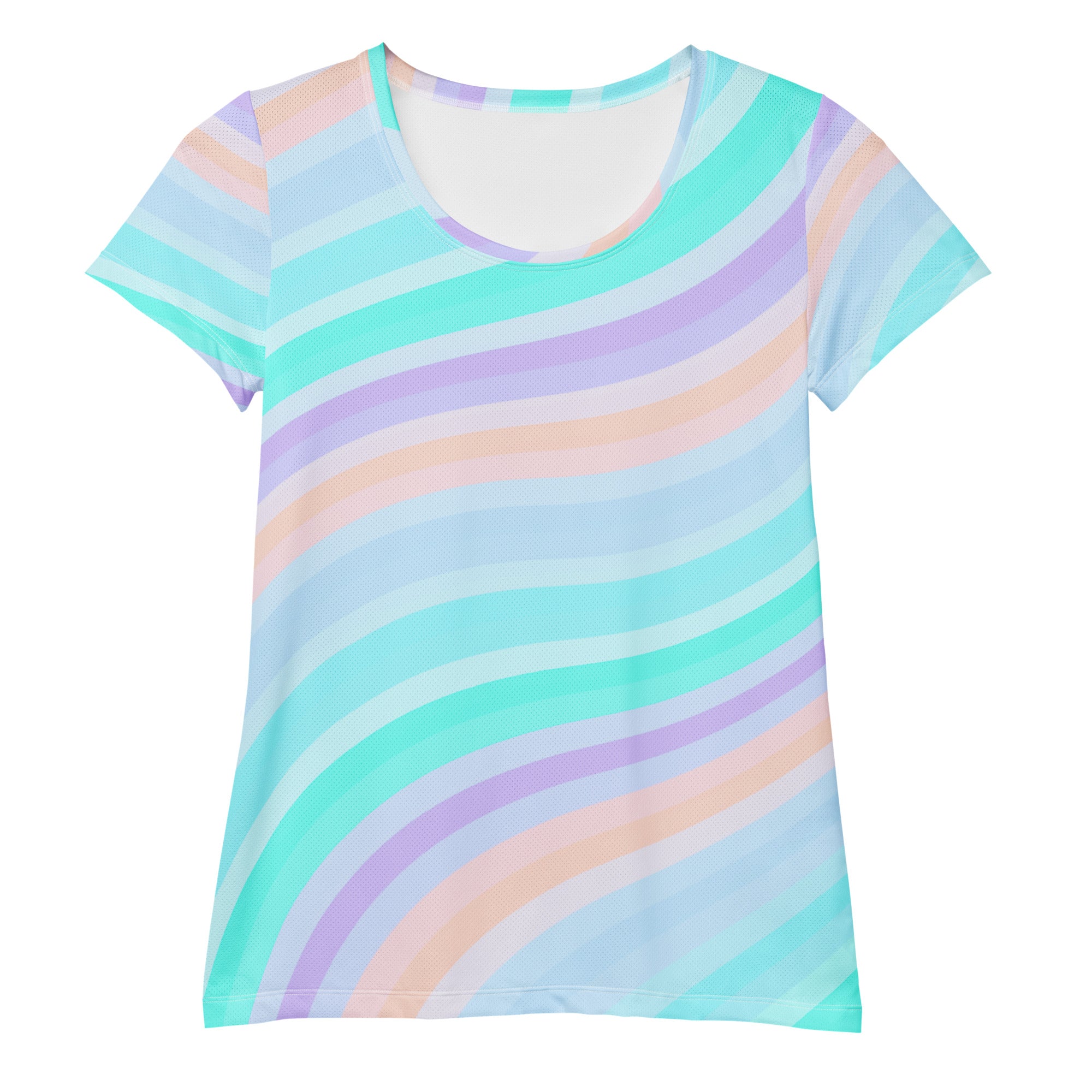 Women’s Pastel Aqua Rainbow Stripe Athletic T-Shirt - Lightweight Moisture Wicking Workout Top With UPF 50+