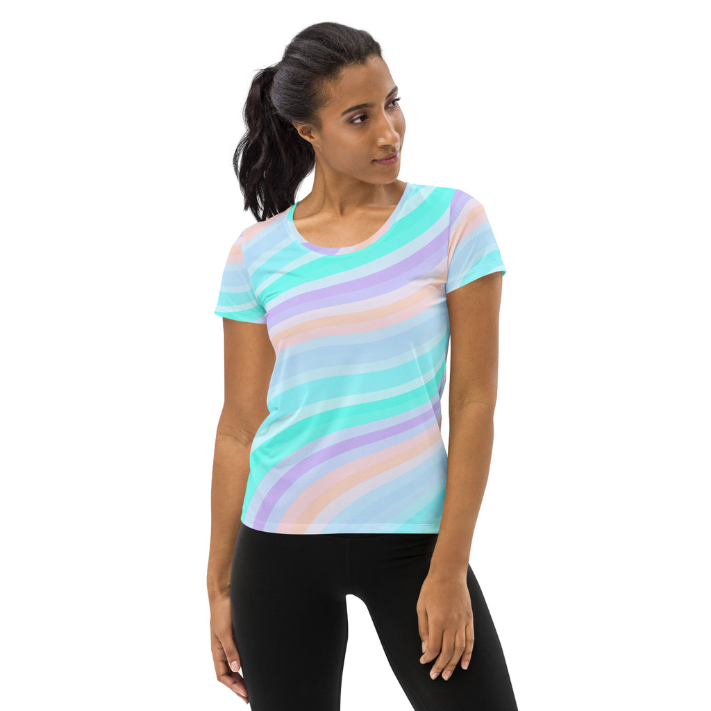 Women’s Pastel Aqua Rainbow Stripe Athletic T-Shirt - Lightweight Moisture Wicking Workout Top With UPF 50+