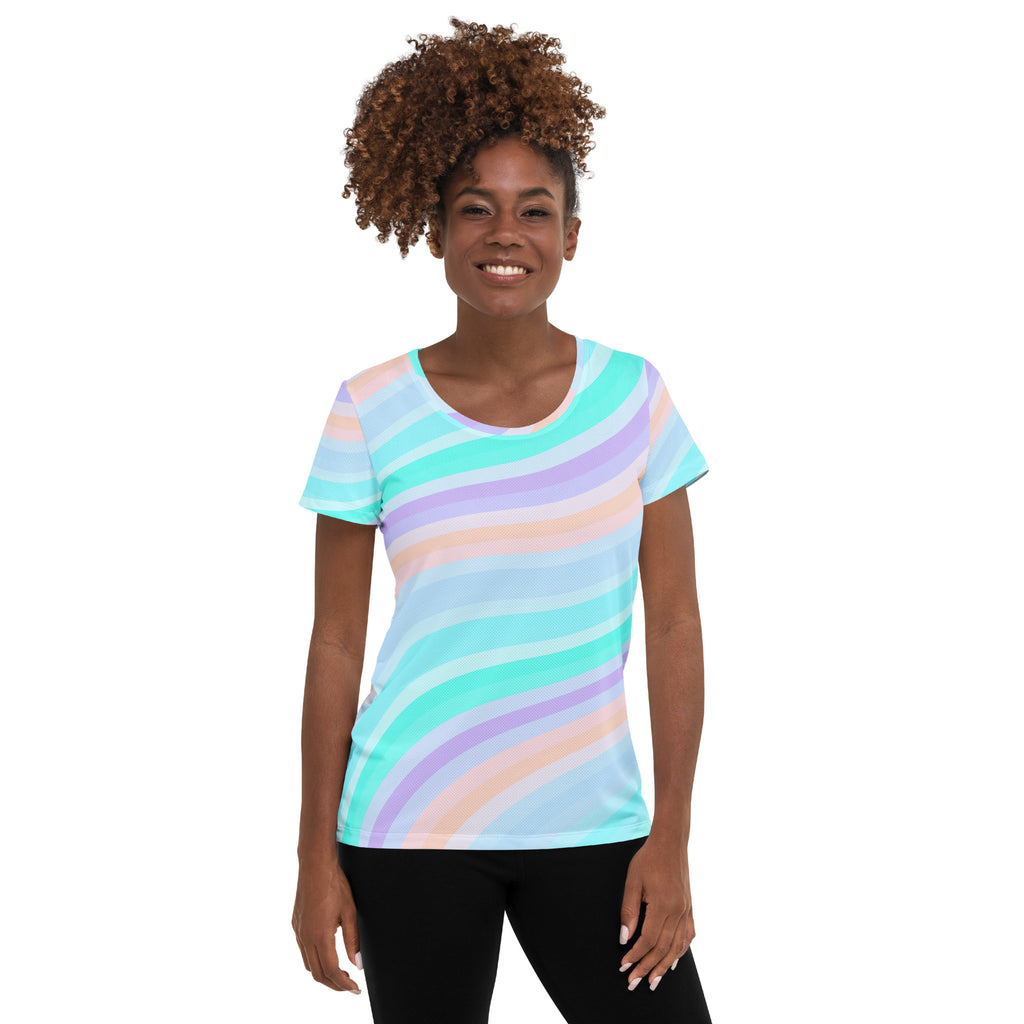 Women’s Pastel Aqua Rainbow Stripe Athletic T-Shirt - Lightweight Moisture Wicking Workout Top With UPF 50+