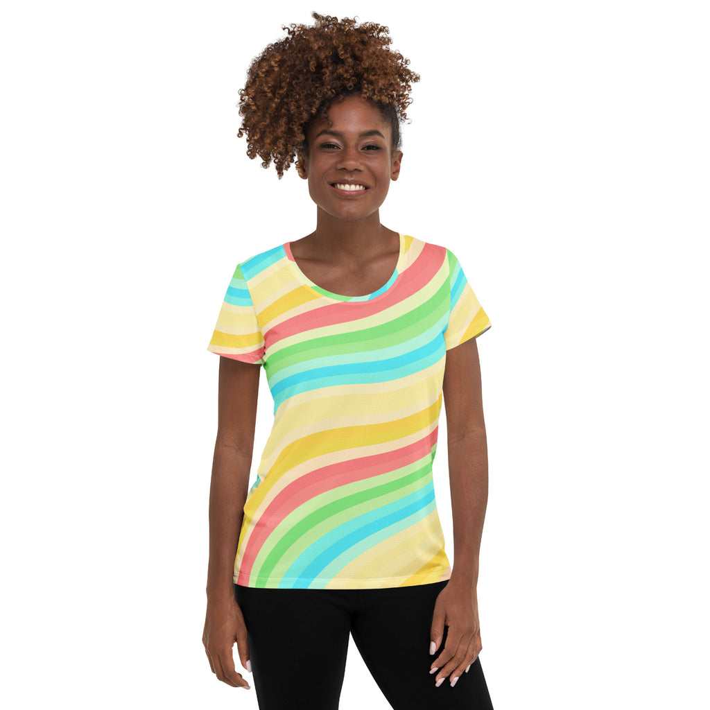 Women’s Wavy Yellow Aqua Athletic T-Shirt - Lightweight Moisture Wicking Workout Top With UPF 50+