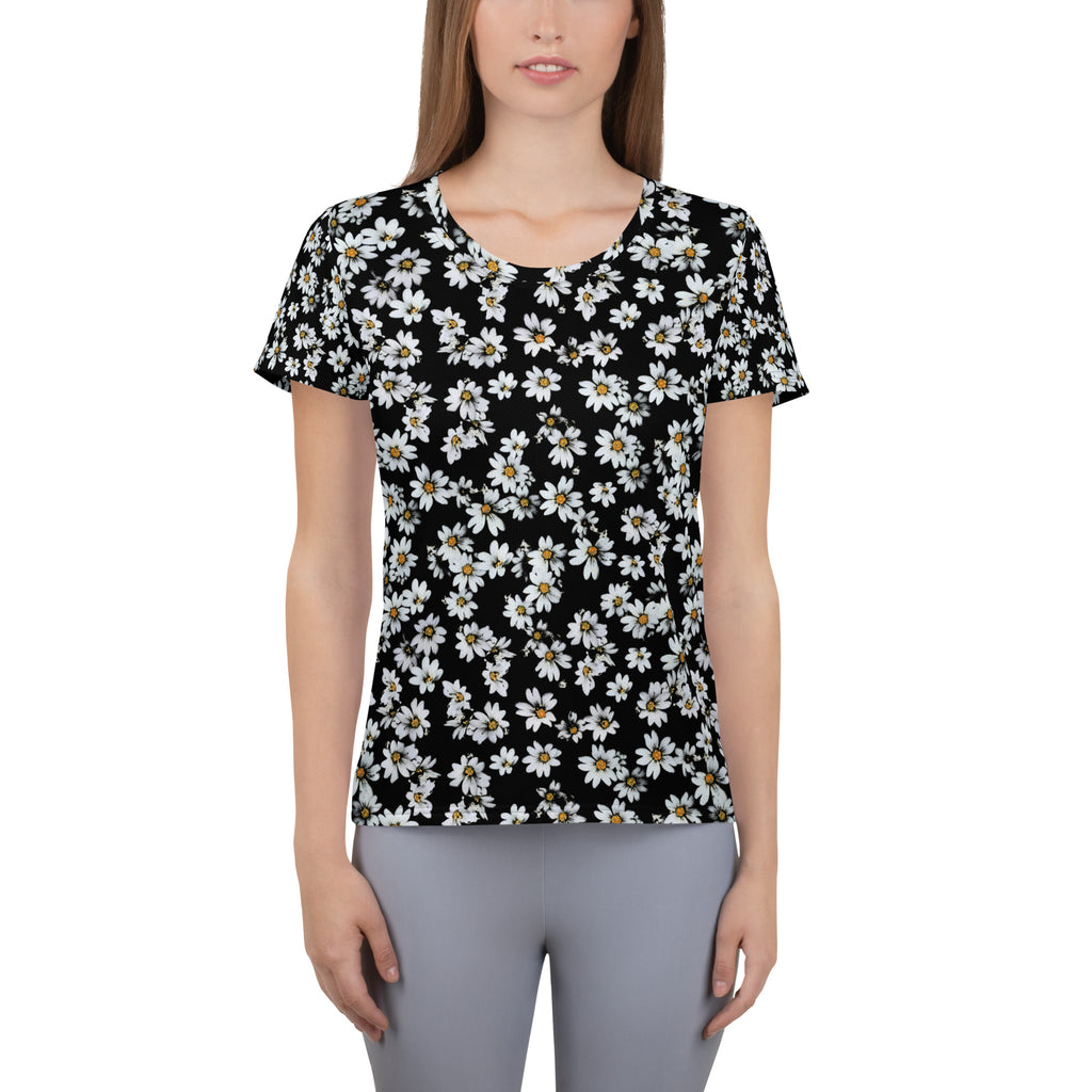 Women’s Black Daisy Athletic T-Shirt - Lightweight Moisture Wicking Workout Top With UPF 50+