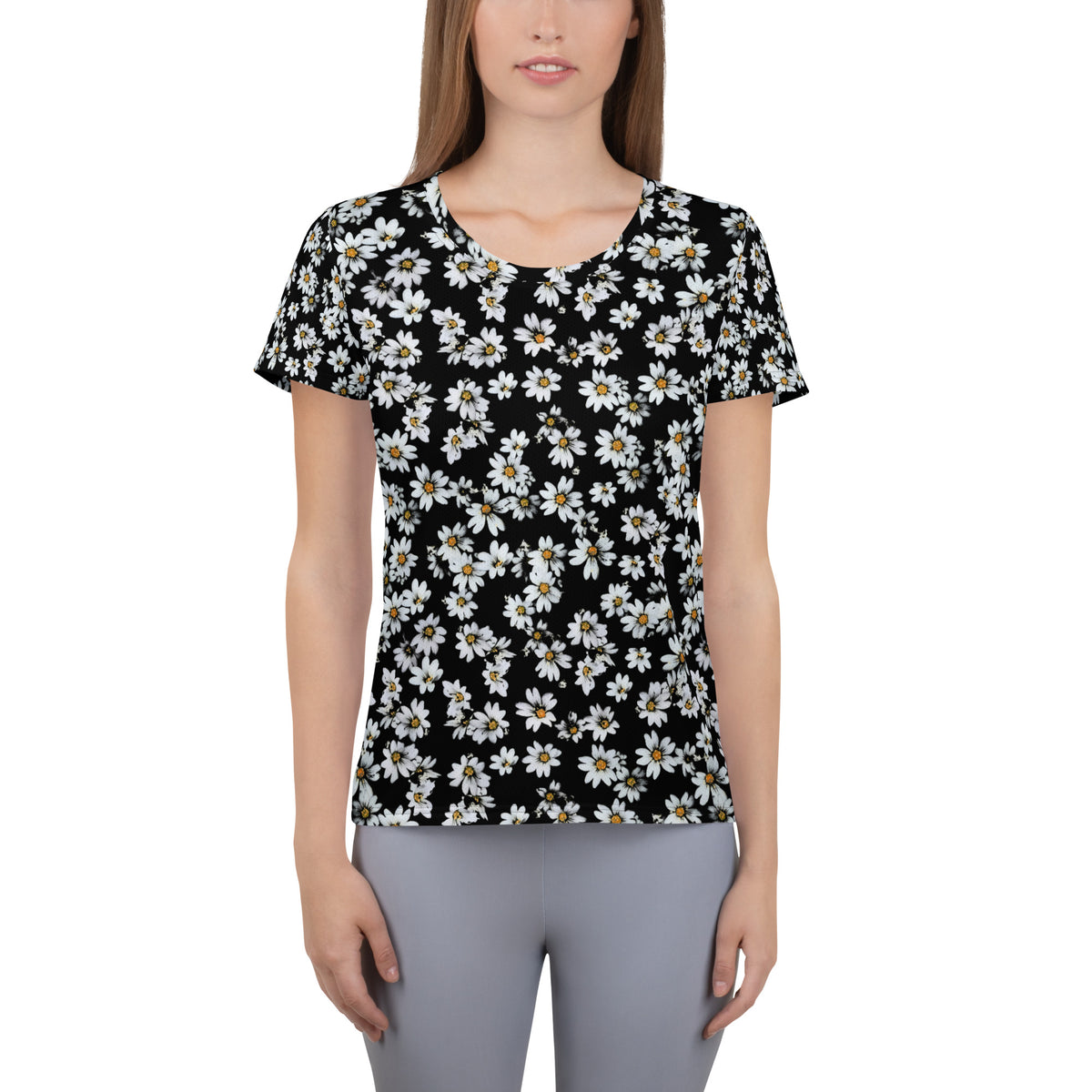 Women’s Black Daisy Athletic T-Shirt - Lightweight Moisture Wicking Workout Top With UPF 50+