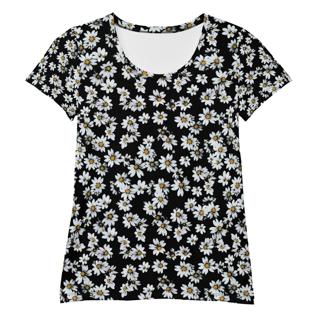 Women’s Black Daisy Athletic T-Shirt - Lightweight Moisture Wicking Workout Top With UPF 50+