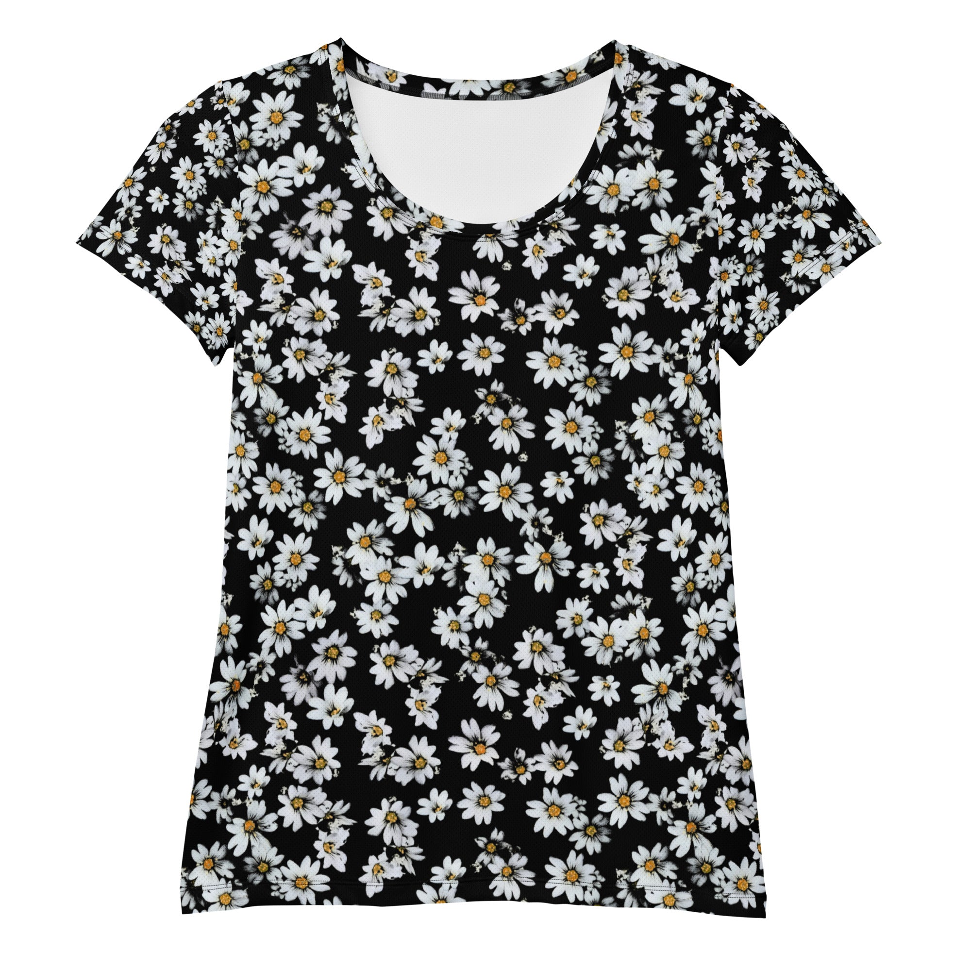 Women’s Black Daisy Athletic T-Shirt - Lightweight Moisture Wicking Workout Top With UPF 50+
