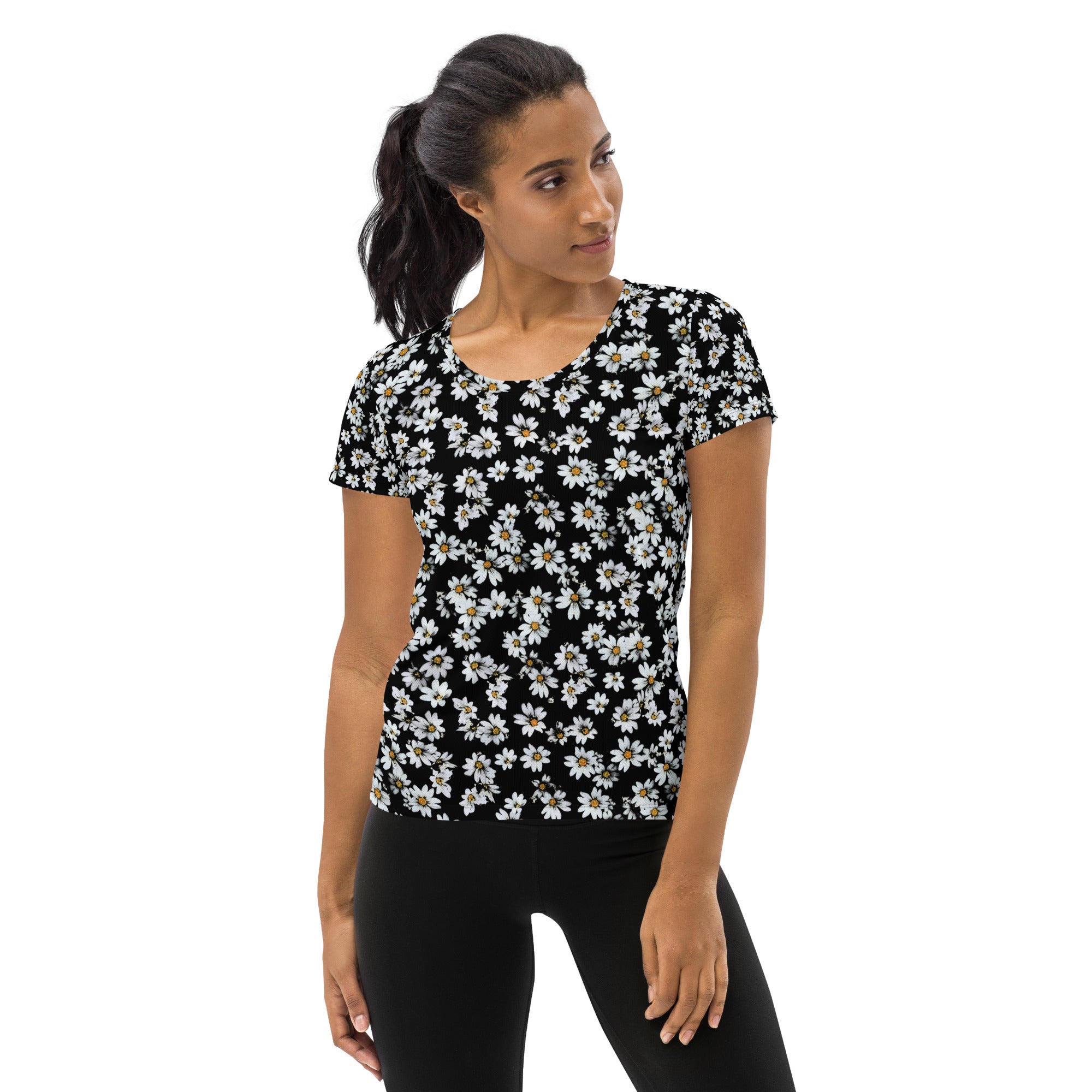 Women’s Black Daisy Athletic T-Shirt - Lightweight Moisture Wicking Workout Top With UPF 50+