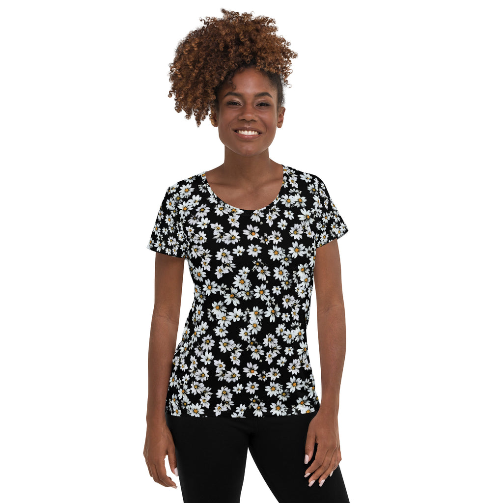 Women’s Black Daisy Athletic T-Shirt - Lightweight Moisture Wicking Workout Top With UPF 50+