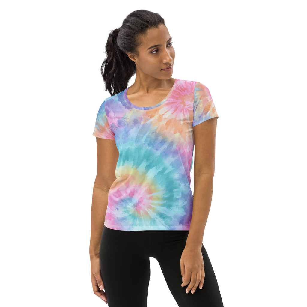 Women’s Rainbow Swirl Tie Dye Athletic T-Shirt - Lightweight Moisture Wicking Workout Top With UPF 50+