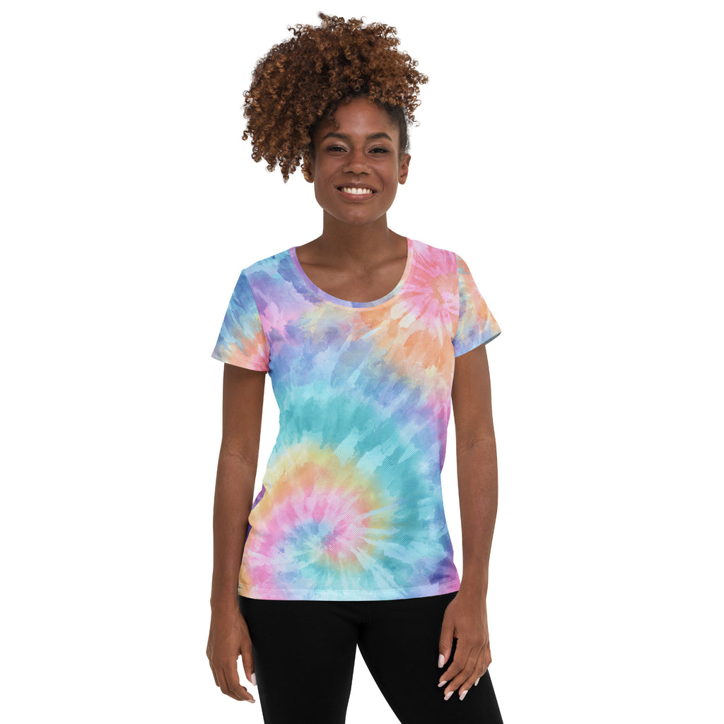 Women’s Rainbow Swirl Tie Dye Athletic T-Shirt - Lightweight Moisture Wicking Workout Top With UPF 50+