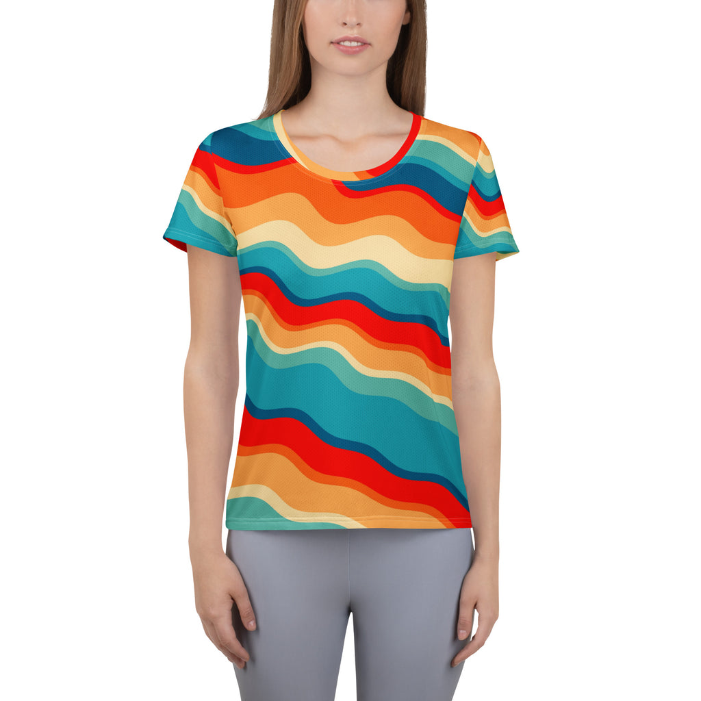 Women’s Bright Sunset Wave Athletic T-Shirt - Lightweight Moisture Wicking Workout Top With UPF 50+