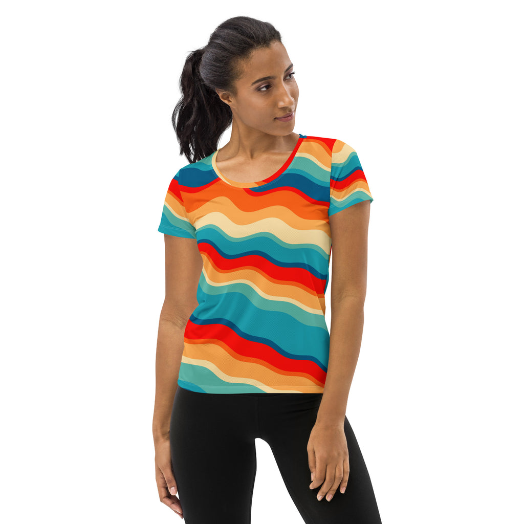 Women’s Bright Sunset Wave Athletic T-Shirt - Lightweight Moisture Wicking Workout Top With UPF 50+