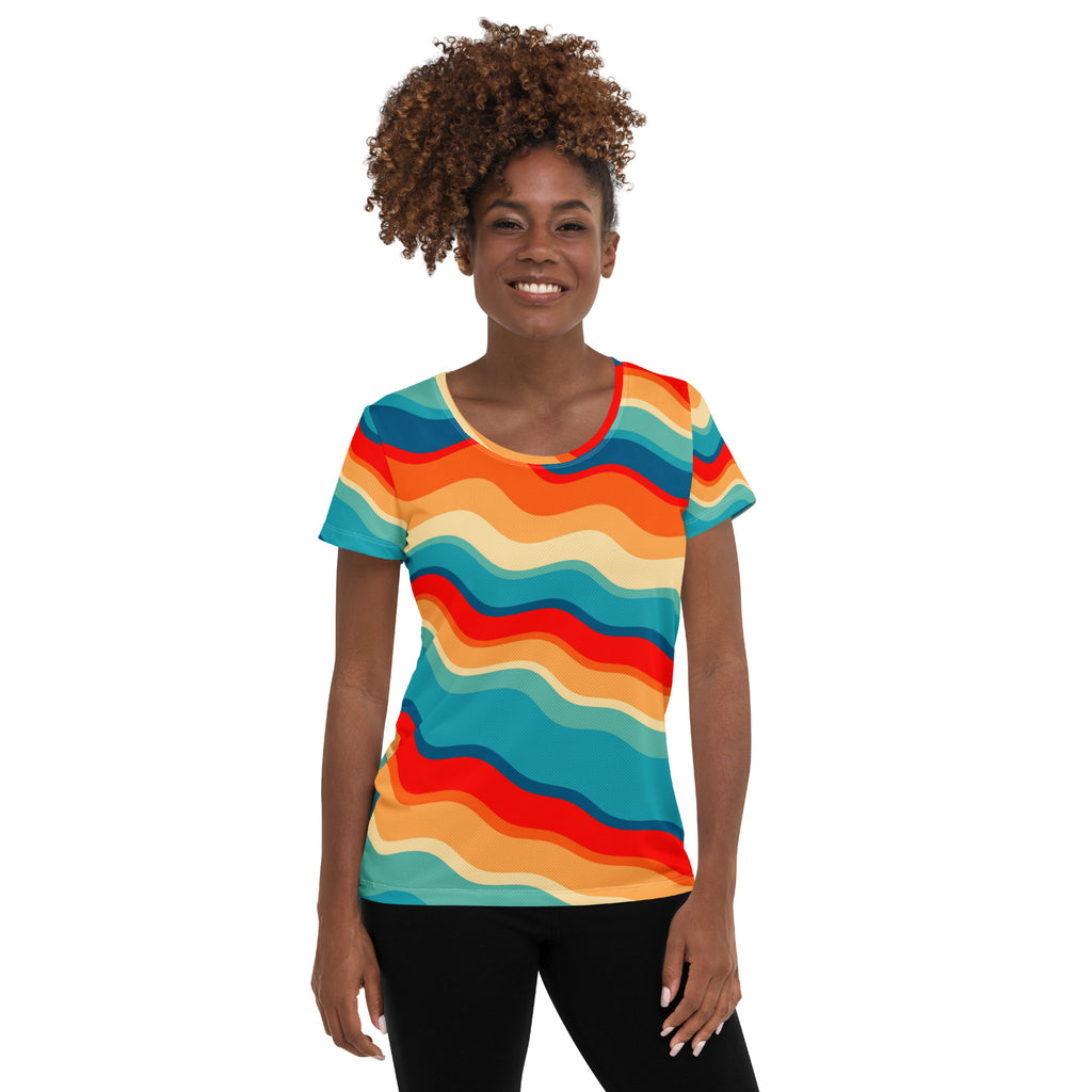 Women’s Bright Sunset Wave Athletic T-Shirt - Lightweight Moisture Wicking Workout Top With UPF 50+