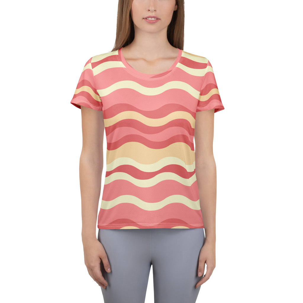 Women’s Coastal Sand Pink Wavy Stripe Athletic T-Shirt - Lightweight Moisture Wicking Workout Top With UPF 50+