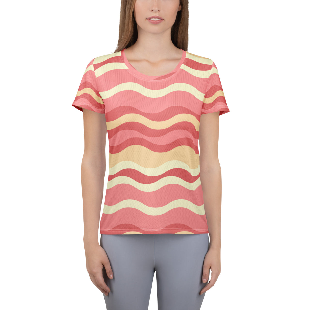 Women’s Coastal Sand Pink Wavy Stripe Athletic T-Shirt - Lightweight Moisture Wicking Workout Top With UPF 50+