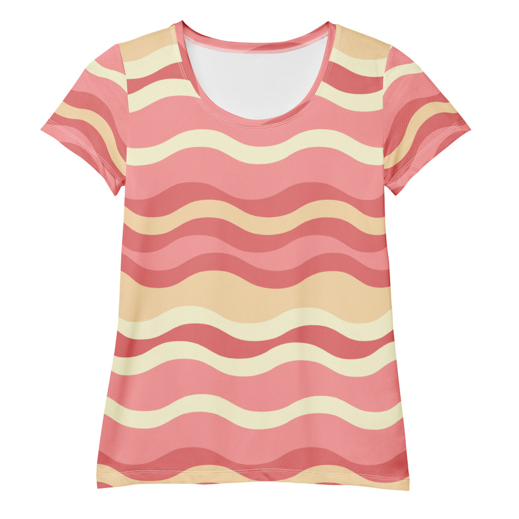 Women’s Coastal Sand Pink Wavy Stripe Athletic T-Shirt - Lightweight Moisture Wicking Workout Top With UPF 50+