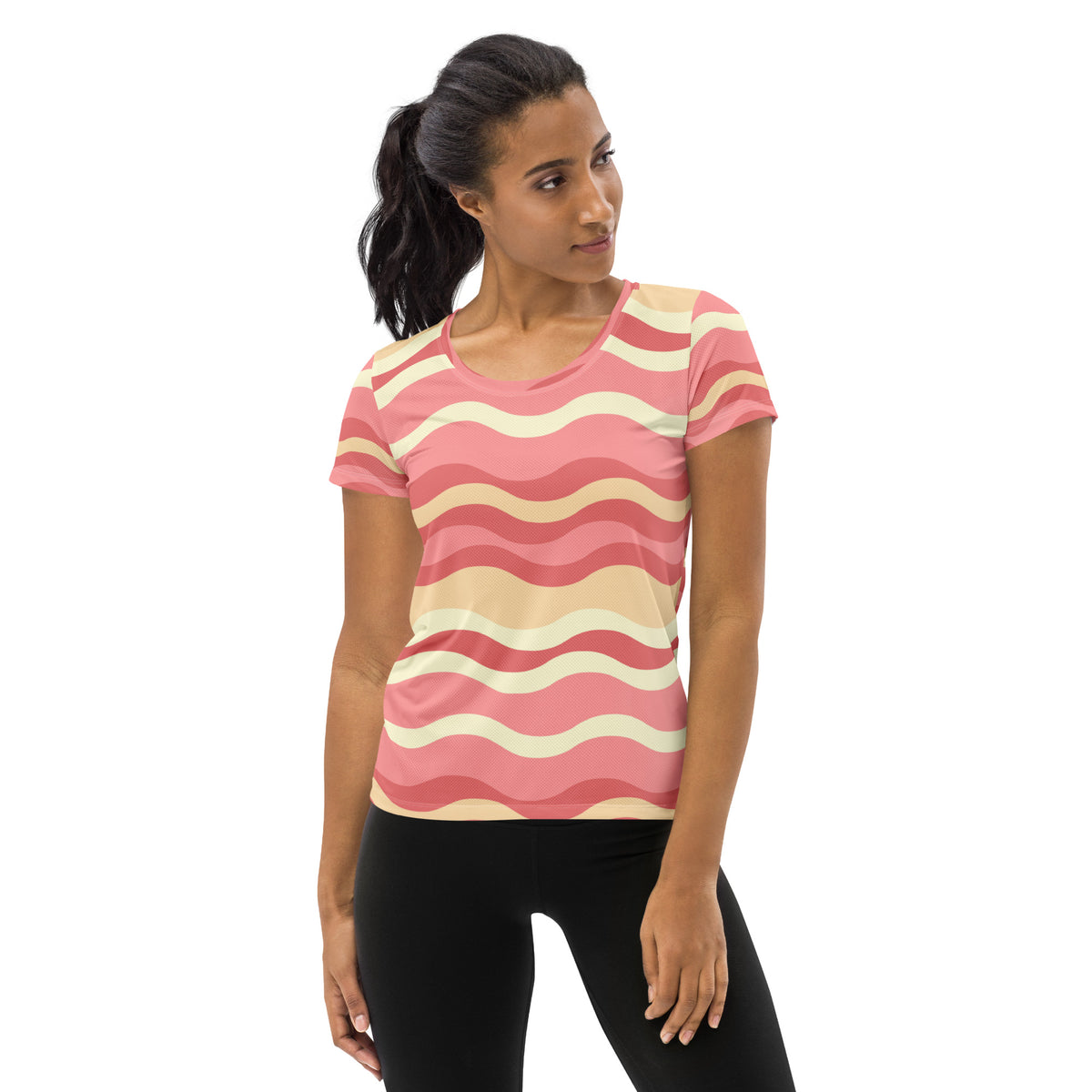Women’s Coastal Sand Pink Wavy Stripe Athletic T-Shirt - Lightweight Moisture Wicking Workout Top With UPF 50+