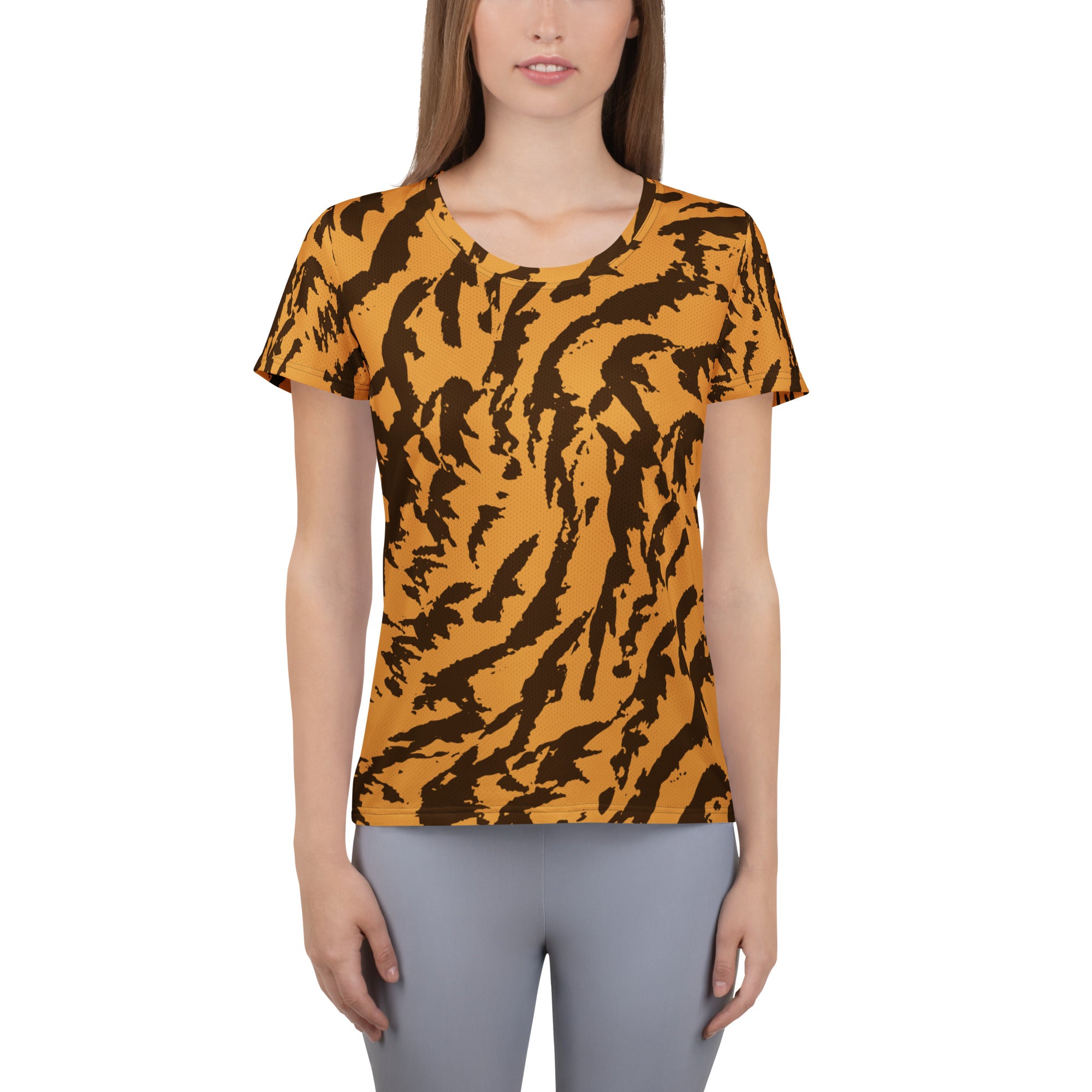 Women’s Golden Brown Abstract Animal Print Athletic T-Shirt - Lightweight Moisture Wicking Workout Top With UPF 50+