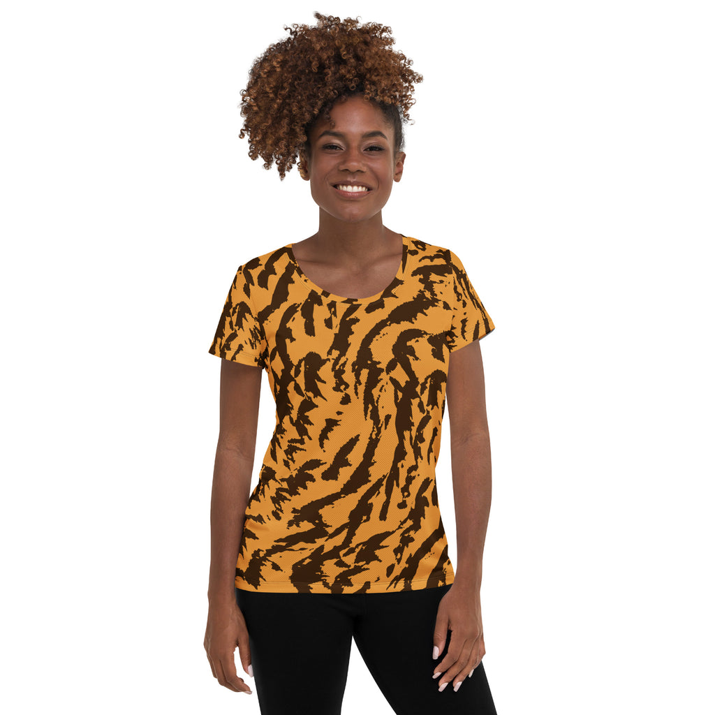 Women’s Golden Brown Abstract Animal Print Athletic T-Shirt - Lightweight Moisture Wicking Workout Top With UPF 50+