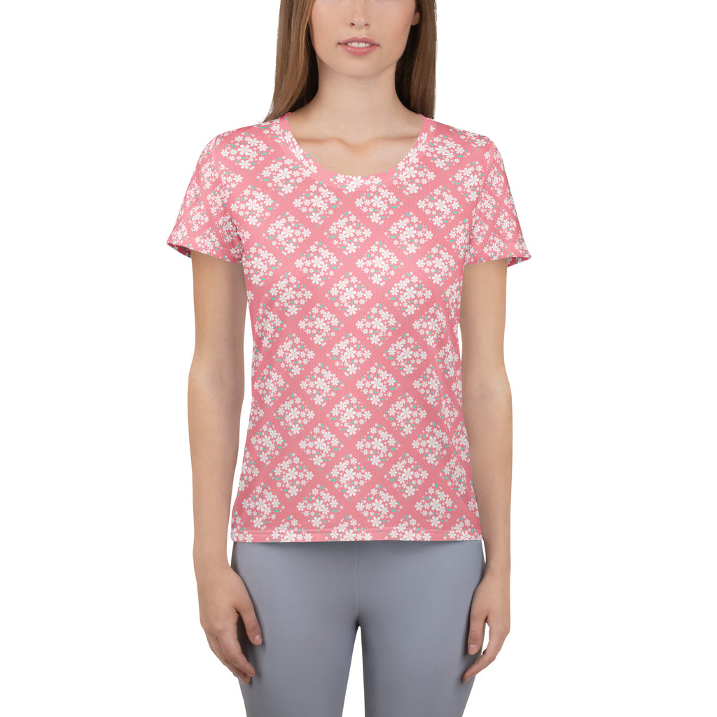 Women’s Pink Floral Diamond Athletic T-Shirt - Lightweight Moisture Wicking Workout Top With UPF 50+
