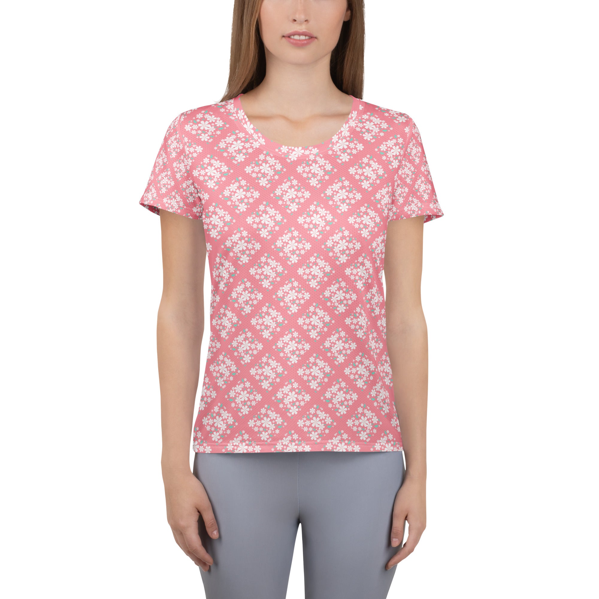 Women’s Pink Floral Diamond Athletic T-Shirt - Lightweight Moisture Wicking Workout Top With UPF 50+