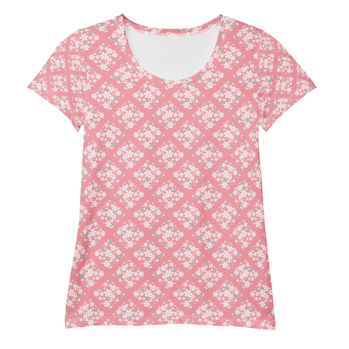Women’s Pink Floral Diamond Athletic T-Shirt - Lightweight Moisture Wicking Workout Top With UPF 50+