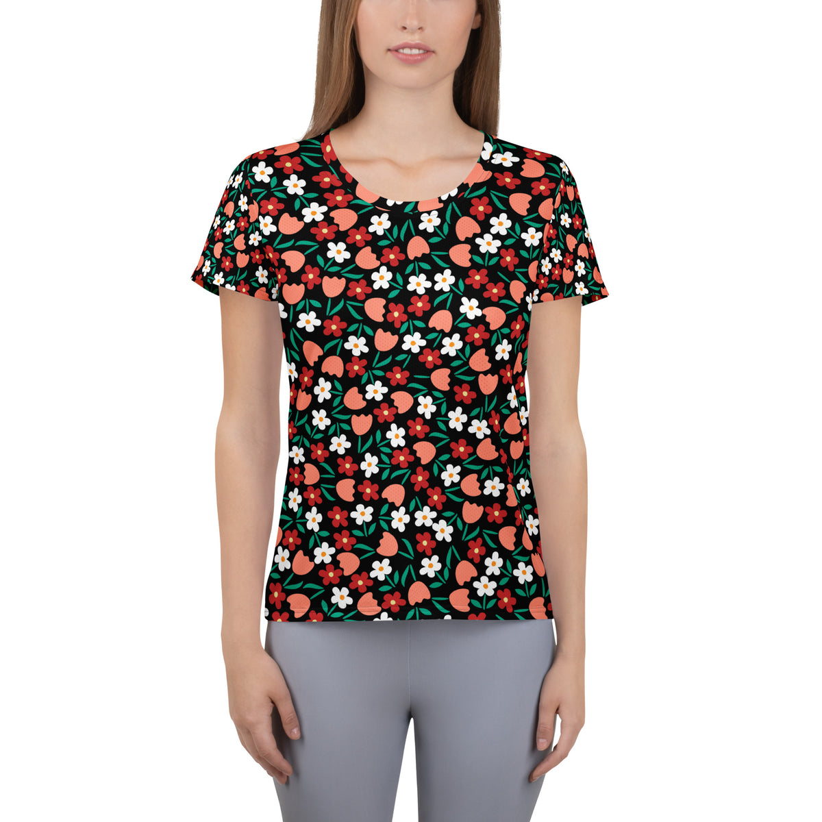 Women’s Strawberry Floral Athletic T-Shirt - Lightweight Moisture Wicking Workout Top With UPF 50+