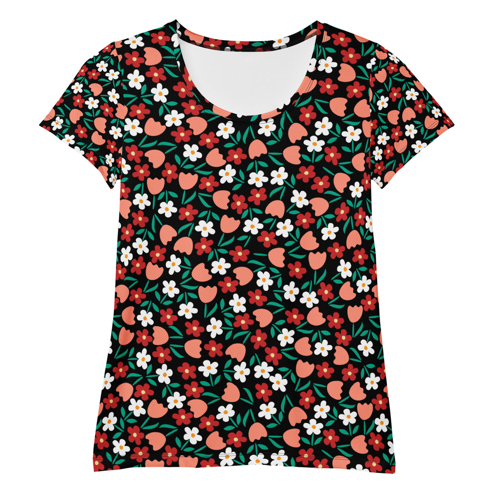 Women’s Strawberry Floral Athletic T-Shirt - Lightweight Moisture Wicking Workout Top With UPF 50+