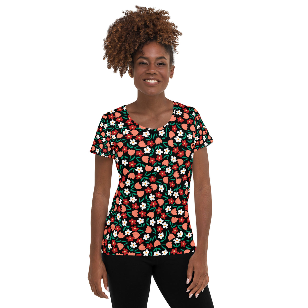 Women’s Strawberry Floral Athletic T-Shirt - Lightweight Moisture Wicking Workout Top With UPF 50+