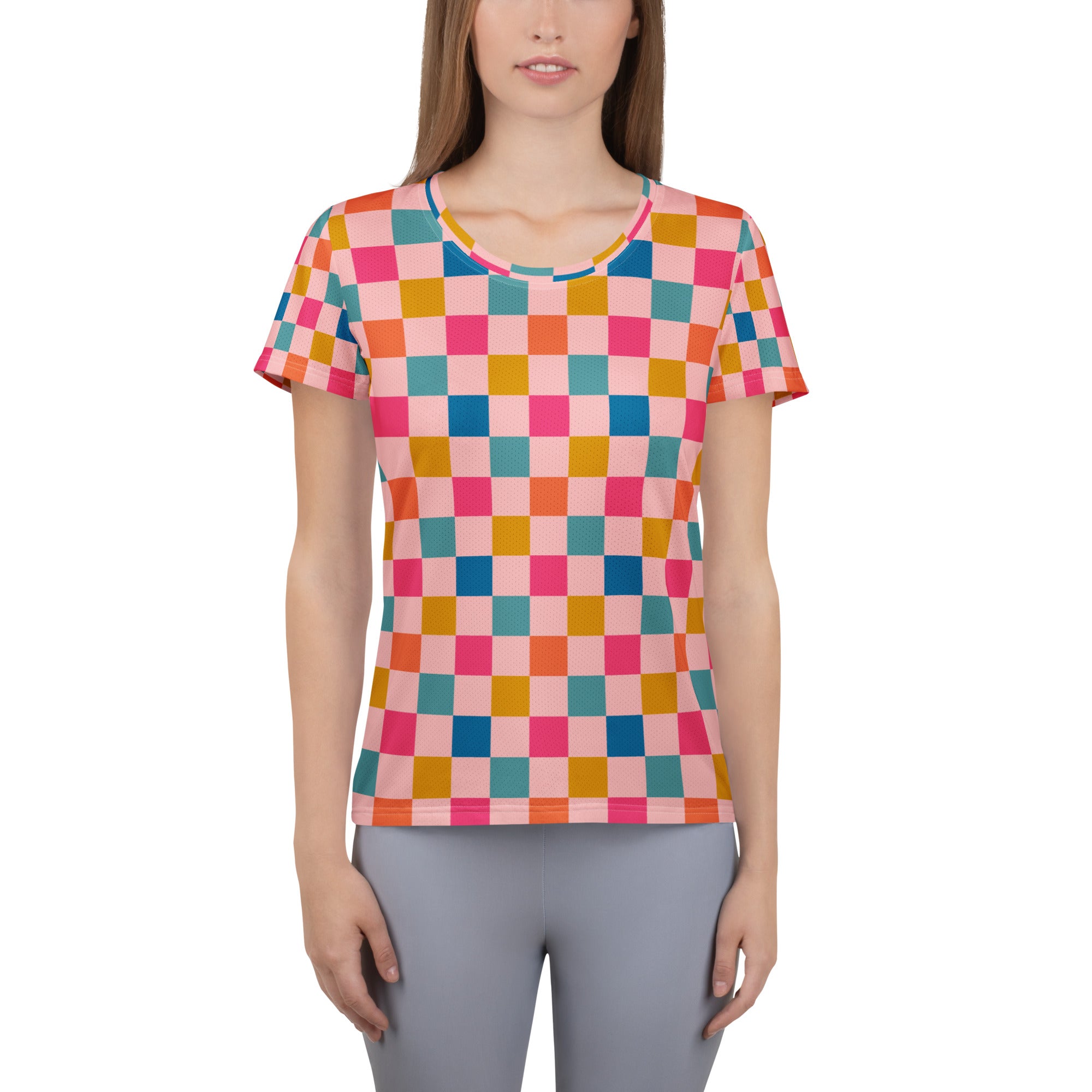 Women’s Pink Retro Checkered Athletic T-Shirt - Lightweight Moisture Wicking Workout Top With UPF 50+