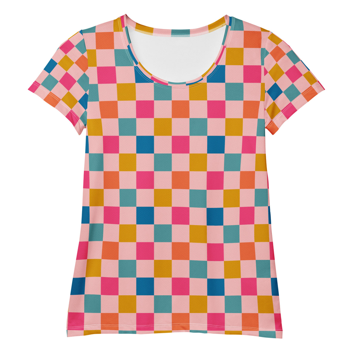 Women’s Pink Retro Checkered Athletic T-Shirt - Lightweight Moisture Wicking Workout Top With UPF 50+