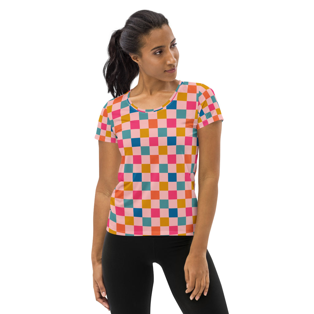 Women’s Pink Retro Checkered Athletic T-Shirt - Lightweight Moisture Wicking Workout Top With UPF 50+